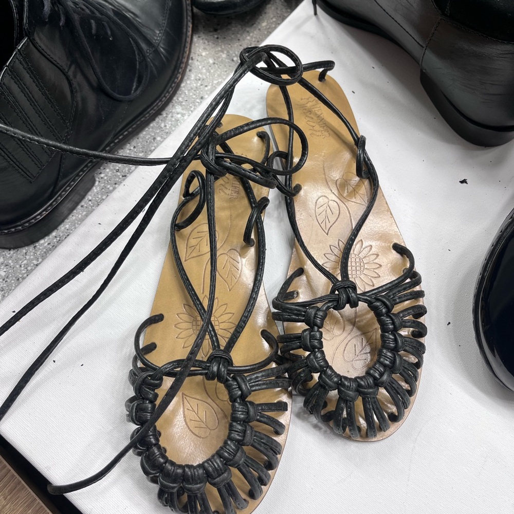 Jennifer Swii for Anthropologie Y2K black leather ankle lace up sandals size 8